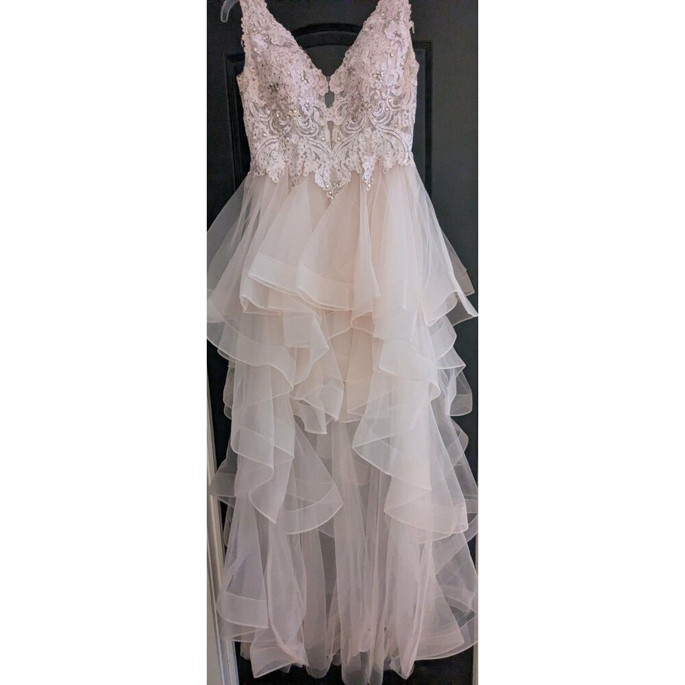 Gorgeous! Ellie Wilde By Mon Cherie Blush Pink Prom Gown Ruffles & Beads Sz 10